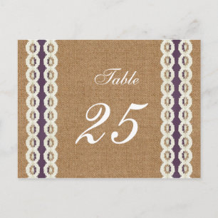 Cartão Postal Casamento country roxo de FALSO burlap e renda