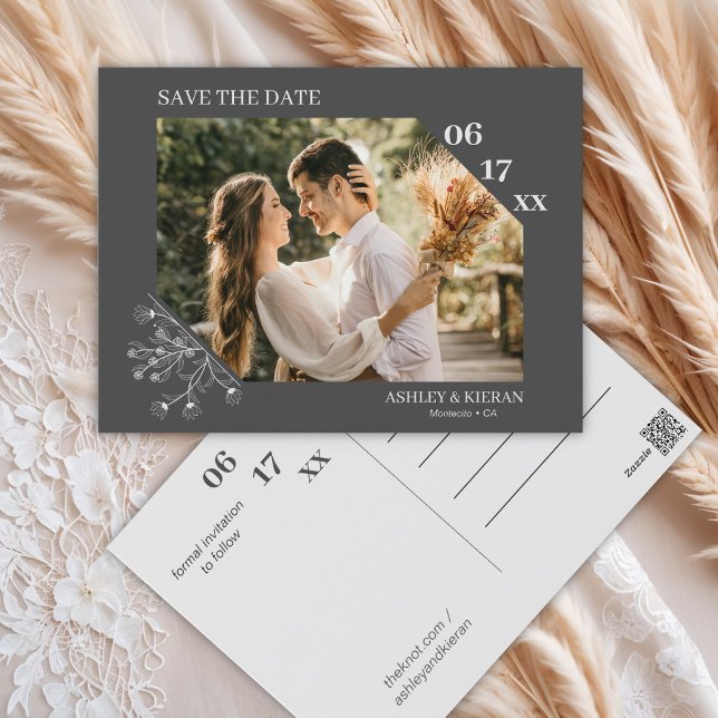 Cartão Postal Casamento da Cinza Floral Elegante Salvar a Data (Criador carregado)