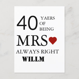 Cartão Postal Casamento de 40 anos de aniversário Srª Sra Certo 