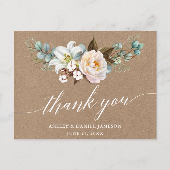 Cartão Postal Casamento de Caligrafia Floral Botânica Kraft Agra (Frente)