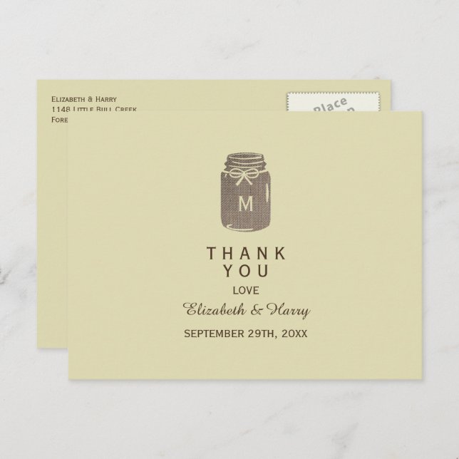 Cartão Postal Casamento de Campo Agradecimento Jar de Pedreiro e (Frente/Verso)