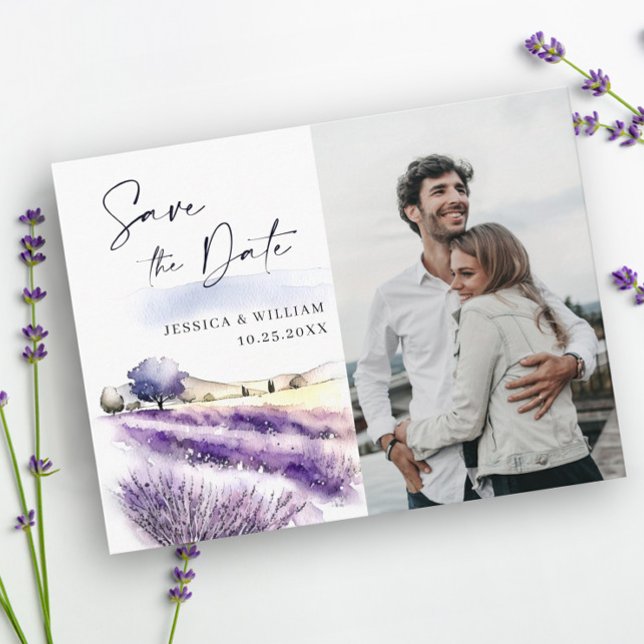Cartão Postal Casamento de Campo de Lavanda de Água Salvar a Dat (Criador carregado)