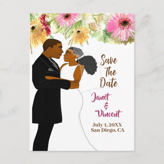 Cartão Postal Casamento de Casal Afro-Americano floral Dourado e (Frente)
