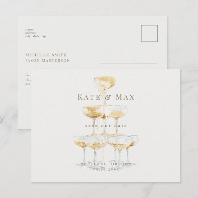 Cartão Postal Casamento de Champanhe Elegante Salva a Data (Frente/Verso)