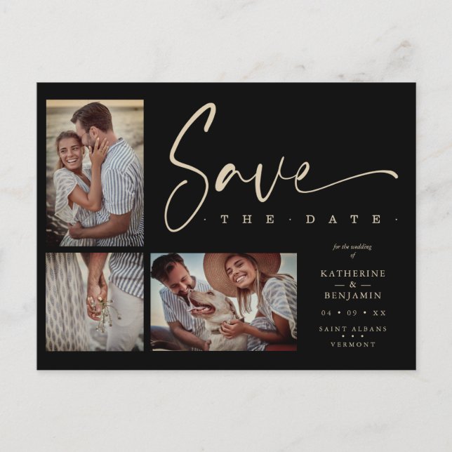 Cartão Postal Casamento de Colagem de Chic Negra 3 Fotos (Frente)