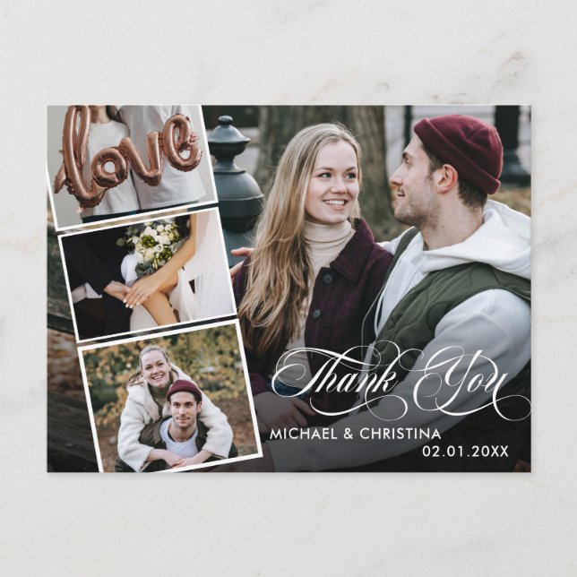 Cartão Postal Casamento de Colagem Fotográfica do Script Chic 4  (Frente)