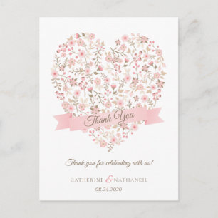 Cartão Postal Casamento De Coração Floral Rosa Suave Obrigado