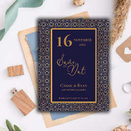 Cartão Postal Casamento de Design Dourado Azul Salve a Data