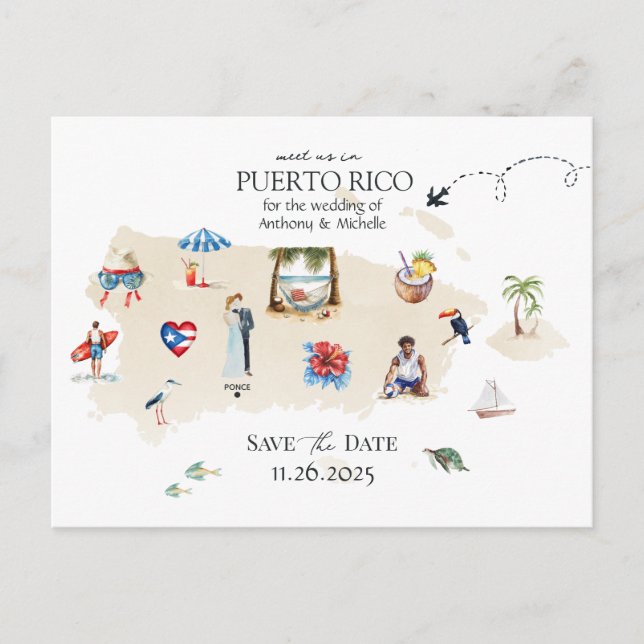 Cartão Postal Casamento de Destino Mapa de Porto Rico Salve a Da (Frente)