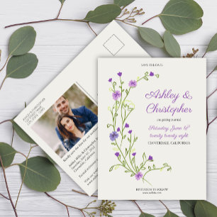 Cartão Postal Casamento de Flor Roxo Minimalista Salve a Data