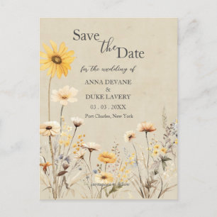Cartão Postal Casamento de flor silvestre Amarela Salvar a Data