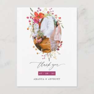 Cartão Postal Casamento de Flor Silvestre Aquarela Foto Obrigado