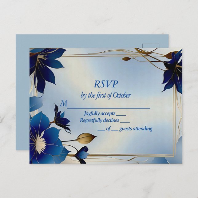 Cartão Postal Casamento de flores azuis deco RSVP (Frente/Verso)