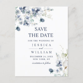 Cartão Postal Casamento de Folhagem Azul Elegante Salve a Data