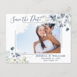 Cartão Postal Casamento de Folhagem Azul Elegante Salve a Data