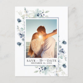 Cartão Postal Casamento de Folhagem Azul Elegante Salve a Data