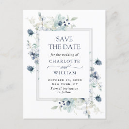 Cartão Postal Casamento de Folhagem Azul Elegante Salve a Data