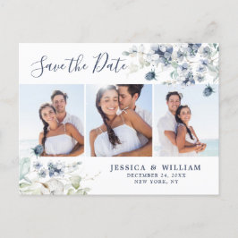 Cartão Postal Casamento de Folhagem Azul Elegante Salve a Data