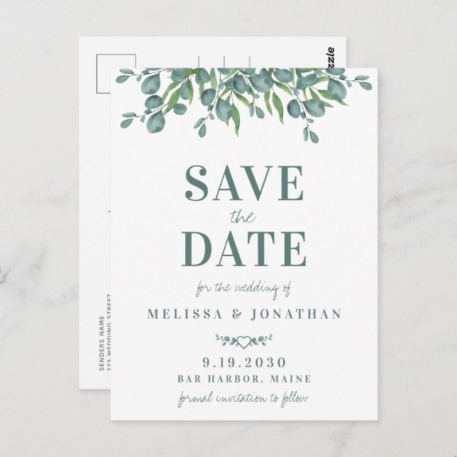 Cartão Postal Casamento De Folhagem Eucalyptus Botânica Salvar A (Frente/Verso)