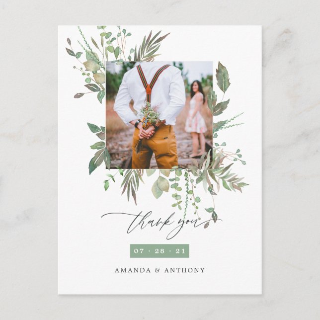 Cartão Postal Casamento de Foto de Agradecimento com Vegetação e (Frente)