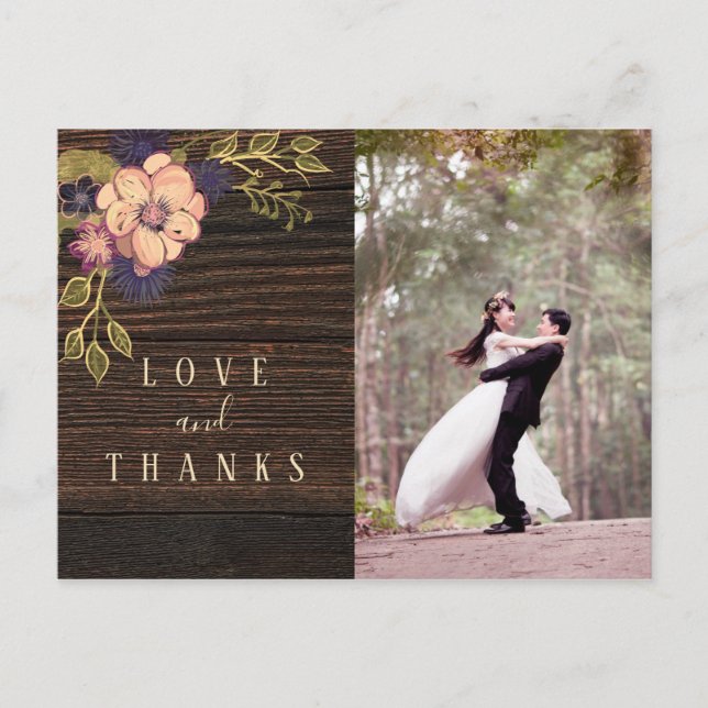 Cartão Postal Casamento de Foto de Madeira Obrigado (Frente)