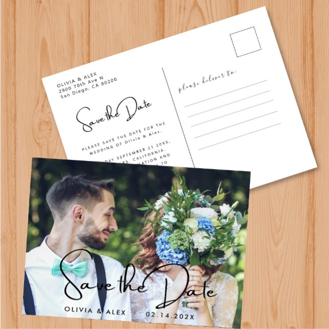 Cartão Postal Casamento de Foto de Script Moderno Salva A Data (Criador carregado)
