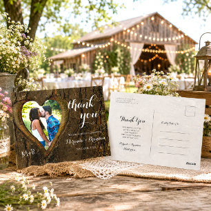 Cartão Postal Casamento de Foto do Coração de Madeira Rústica Ob