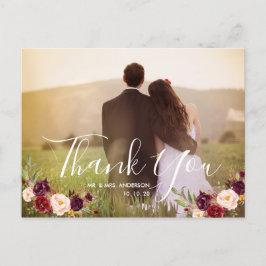 Cartão Postal Casamento De Foto Floral Da Burgundy Obrigado
