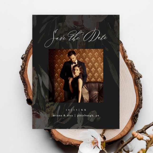 Cartão Postal Casamento de Foto Floral Preto Elegante Salve a Da (Criador carregado)