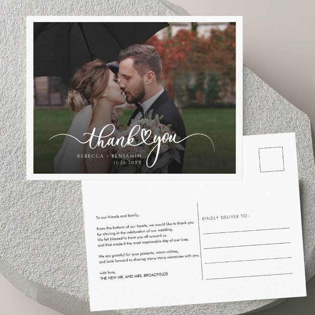 Cartão Postal Casamento de Foto Manuscrito Moderno Obrigado (Modern Handwritten Photo Wedding Thank You Postcard)