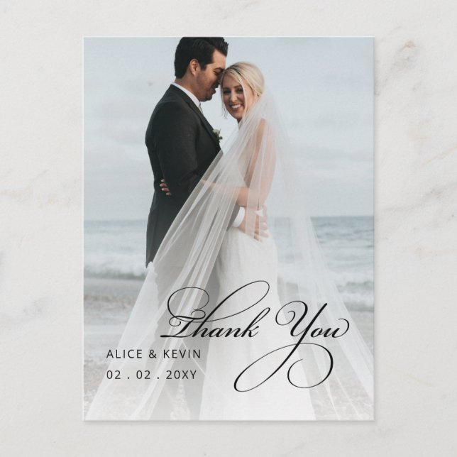 Cartão Postal Casamento de Foto Manuscrito Simples Obrigado (Frente)
