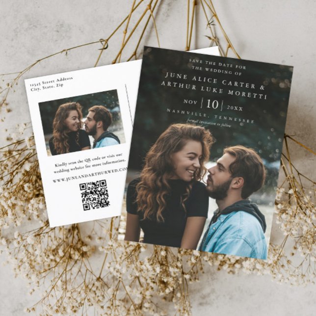 Cartão Postal Casamento de Foto Simples Elegante Salve a Data (Simple typographic photo wedding save the date with QR Code postcard.)