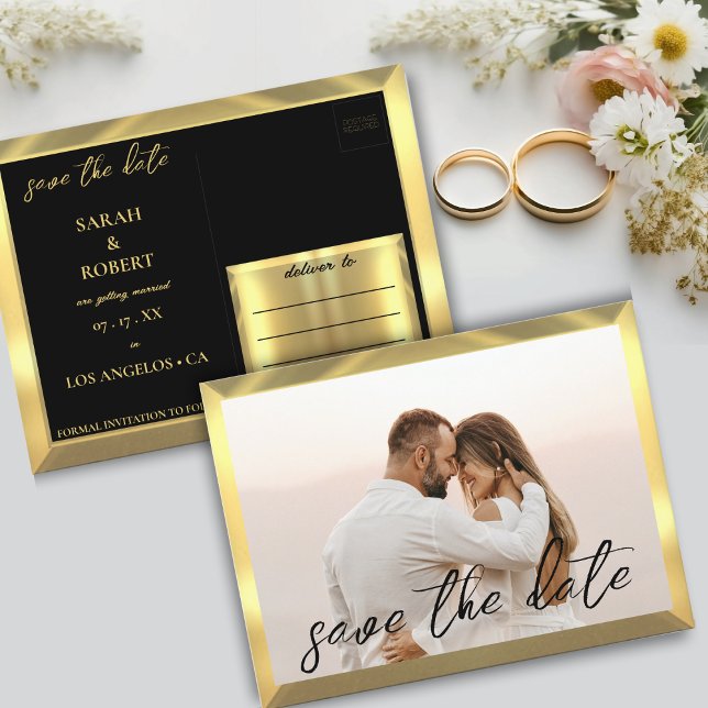 Cartão Postal Casamento de Fotografias Preto e Dourado (Black & Gold Photo Wedding Postcard)