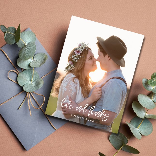 Cartão Postal Casamento de Fotos e Obrigados de Script Elegante (Criador carregado)