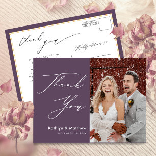 Cartão Postal Casamento de Fotos Moderna Mauve Purple Obrigado