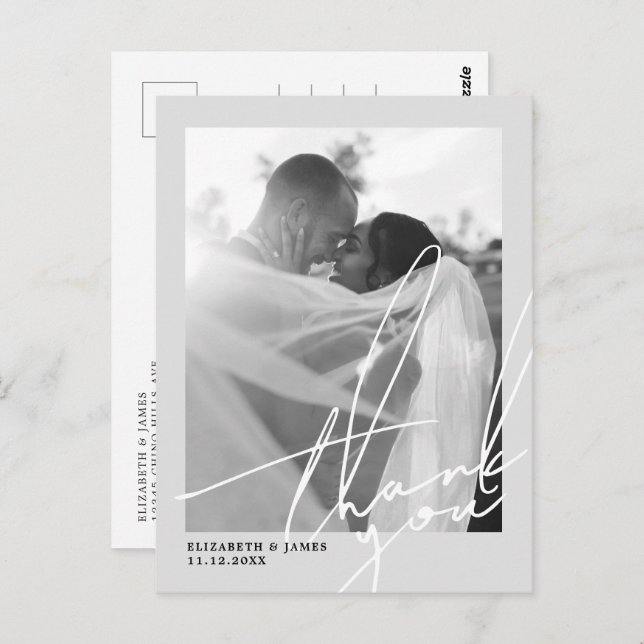 Cartão Postal Casamento de Fotos Preto e Branco Obrigado (Frente/Verso)