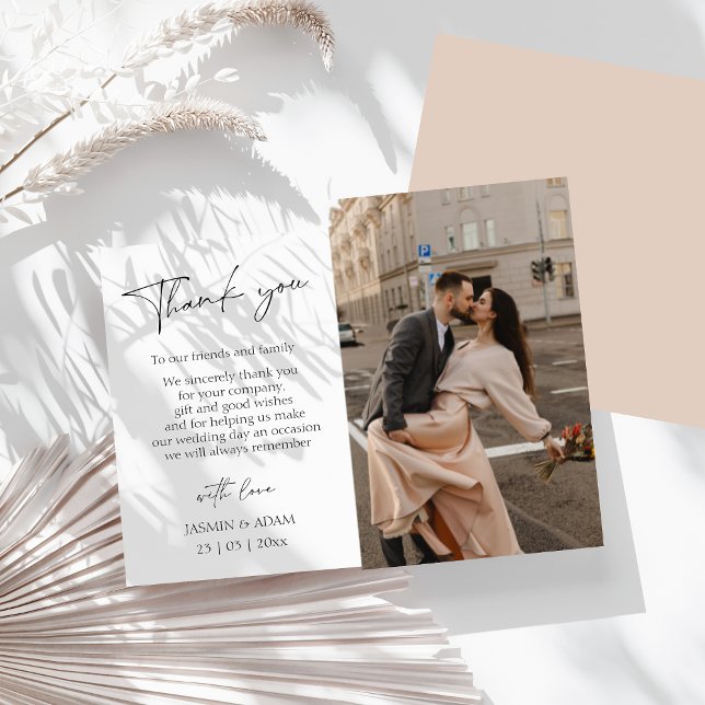 Cartão Postal Casamento de Fotos Simples com Script Blush Obriga (Simple Pink Script Photo Wedding Thank You Postcard)