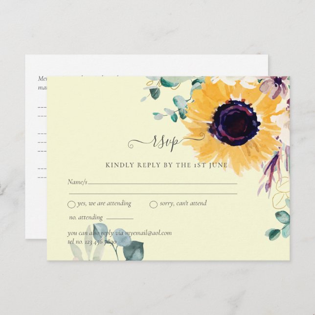 Cartão Postal Casamento de Girassóis de Verão com Eucalipto (Frente/Verso)