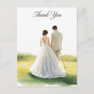 Cartão Postal Casamento de golfe com noiva e noivo com texto