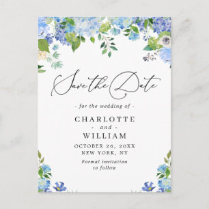 Cartão Postal Casamento de Hydrangea Azul Elegante QR Salvar a D