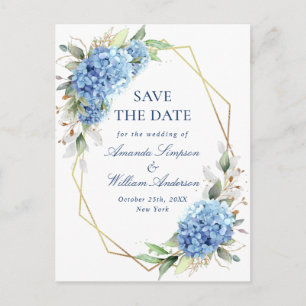 Cartão Postal Casamento de Hydrangea Azul Elegante Salvar a Data
