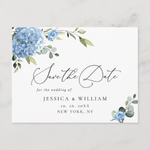 Cartão Postal Casamento de Hydrangea Azul Elegante Salvar a Data