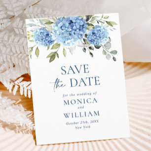 Cartão Postal Casamento de Hydrangea Azul Elegante Salvar a Data