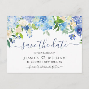Cartão Postal Casamento De Hydrangea Azul Elegante Salvar A Data