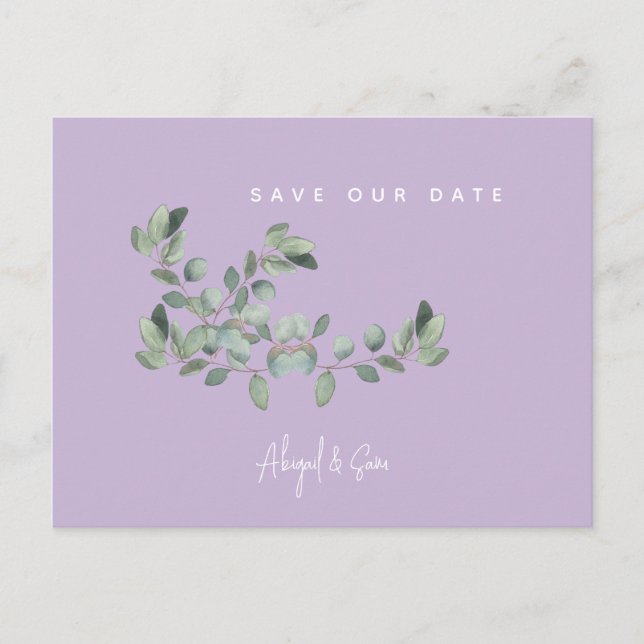 Cartão Postal Casamento de Lavanda & Folhagem - Salve a Data (Frente)