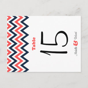 Cartão Postal Casamento de Marinho e Coral Chevron & Lovebird