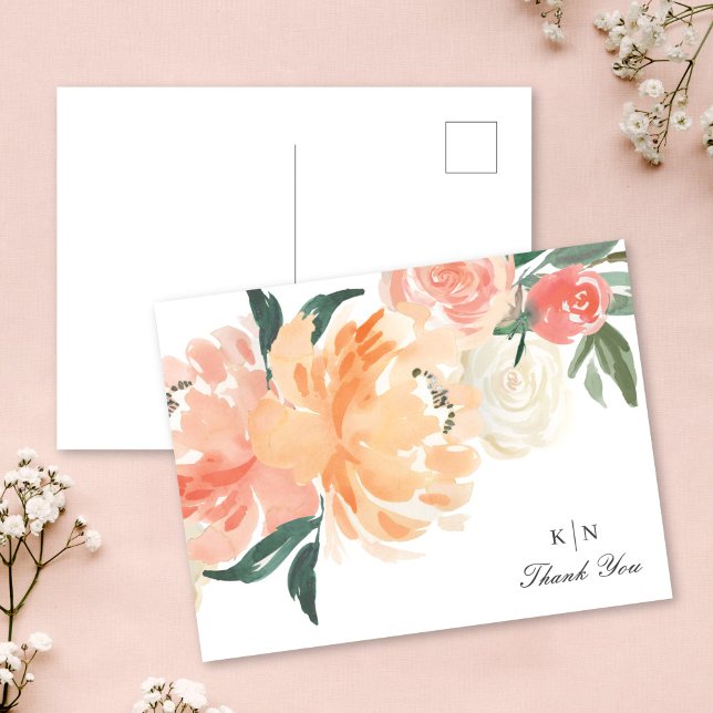 Cartão Postal Casamento De Monograma Floral De Pêssego Suave Obr (Criador carregado)