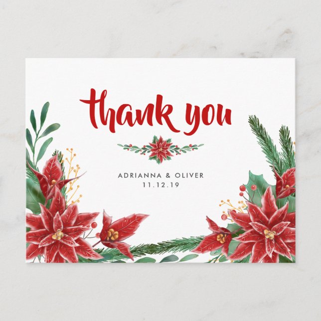 Cartão Postal Casamento de Natal da Red Poinsettia Obrigado (Frente)