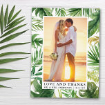 Cartão Postal Casamento de Obrigados de Amar Tropicais<br><div class="desc">Elegante Watercolor Tropical Greenery Palm deixa noiva e amor nobre e Obrigados Foto de casamento Obrigado Cartão-postal</div>