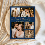 Cartão Postal Casamento de Obrigados e amor com script chic Obri<br><div class="desc">Colagem de Fotos Elegante, Minimalista, Dourada e Marinho de Casamento 5 Obrigado Cartão-Postal. Cartões de agradecimentos de casamento moderno com cinco (5) fotos na frente e uma (1) foto no verso. Com o texto "Amor e obrigados" em uma letra escrita tipográfica escrita, escrita à mão, em ouro, sobre a cor...</div>